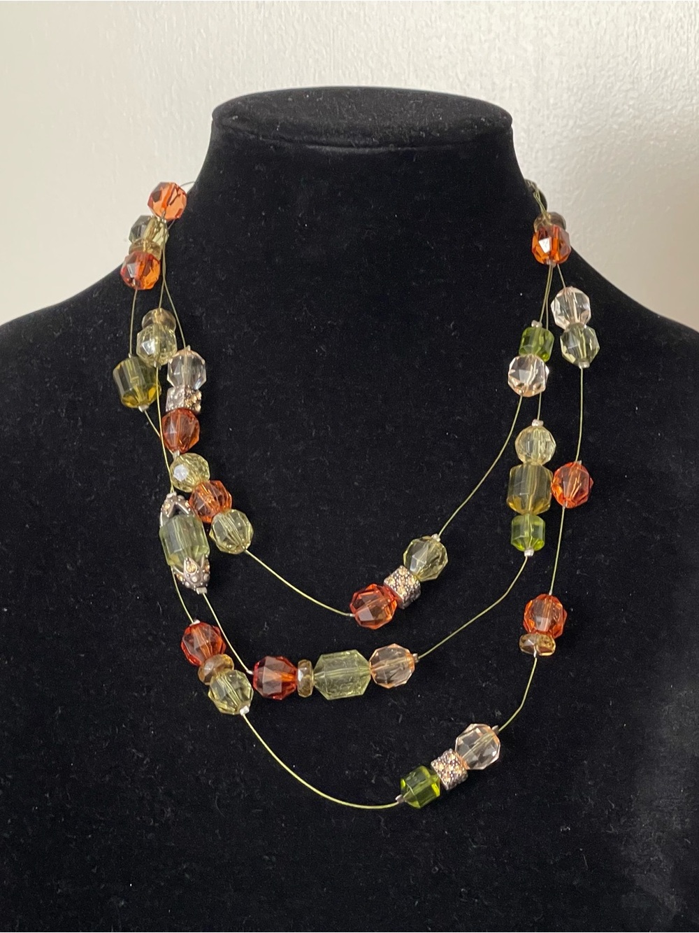 Chico's Three-Strand Faceted Bead Necklace in Amber, Olive & Clear